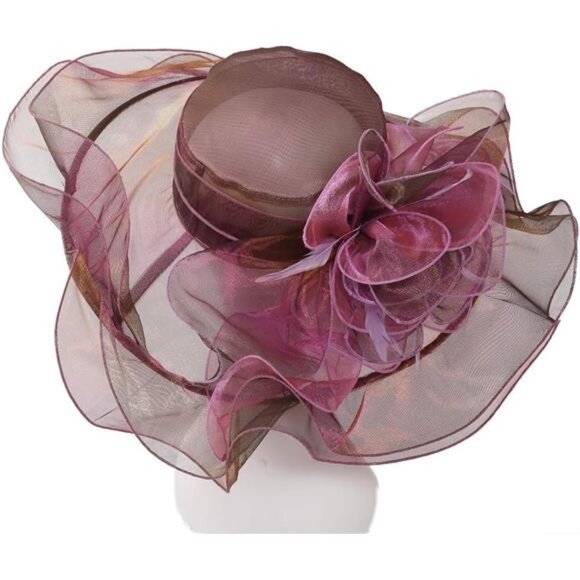 Women Sun Hat Church Wide Brim Dark Red - Picture 4 of 4